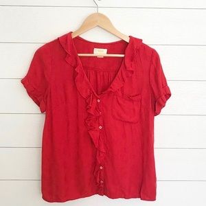 Anthropologie Maeve Jojo Ruffled Red Button Down
